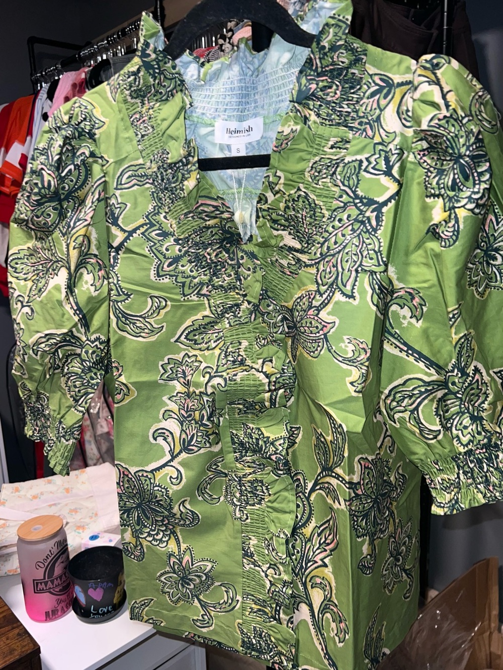HEIMISH USA Green Paisley Ruffle-Trim Blouse